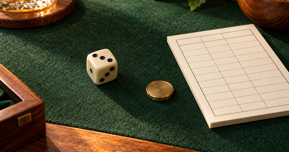 One ivory die on green felt beside a blank scorecard and a brass token.