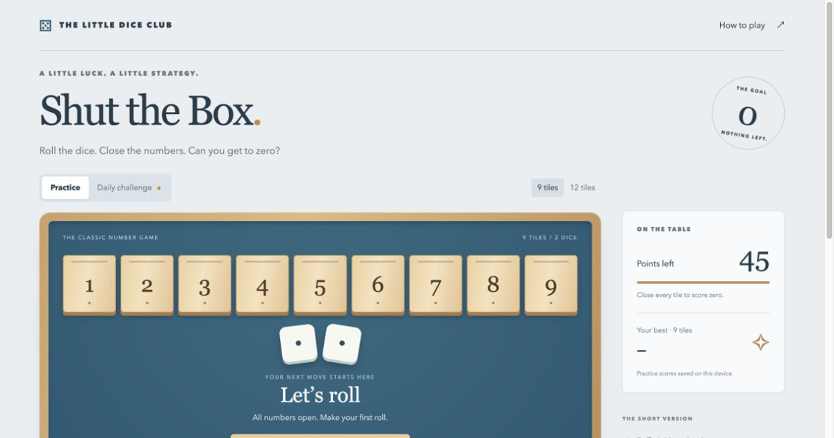 The Little Dice Club Shut the Box board with numbered tiles, dice and score display.