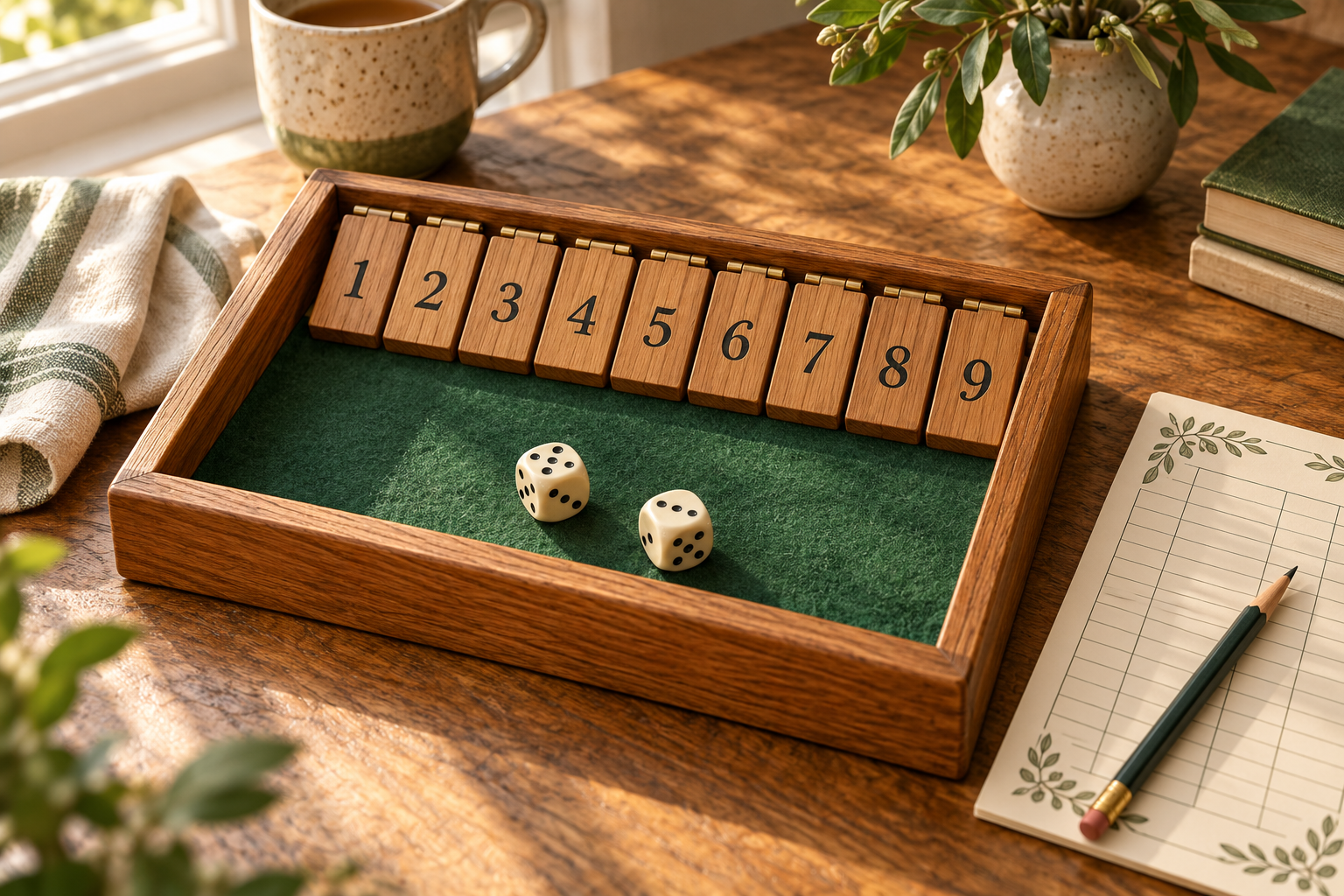 Wooden Shut the Box board, ivory dice and a score sheet in warm window light.